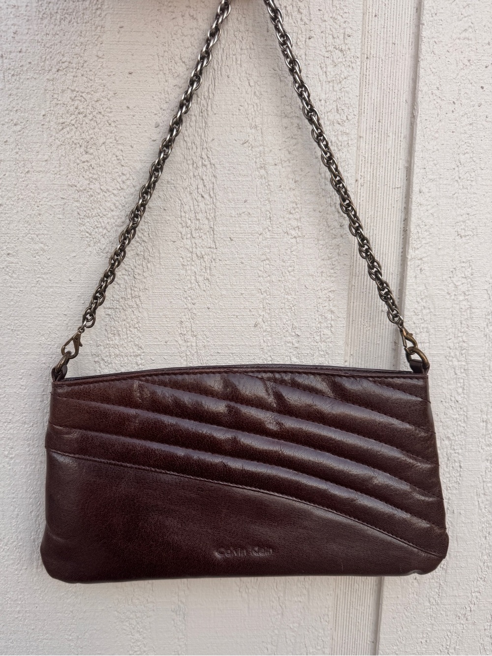 Vintage Calvin Klein Brown Leather Shoulder Bag / Chain Strap / Y2K Minimalist